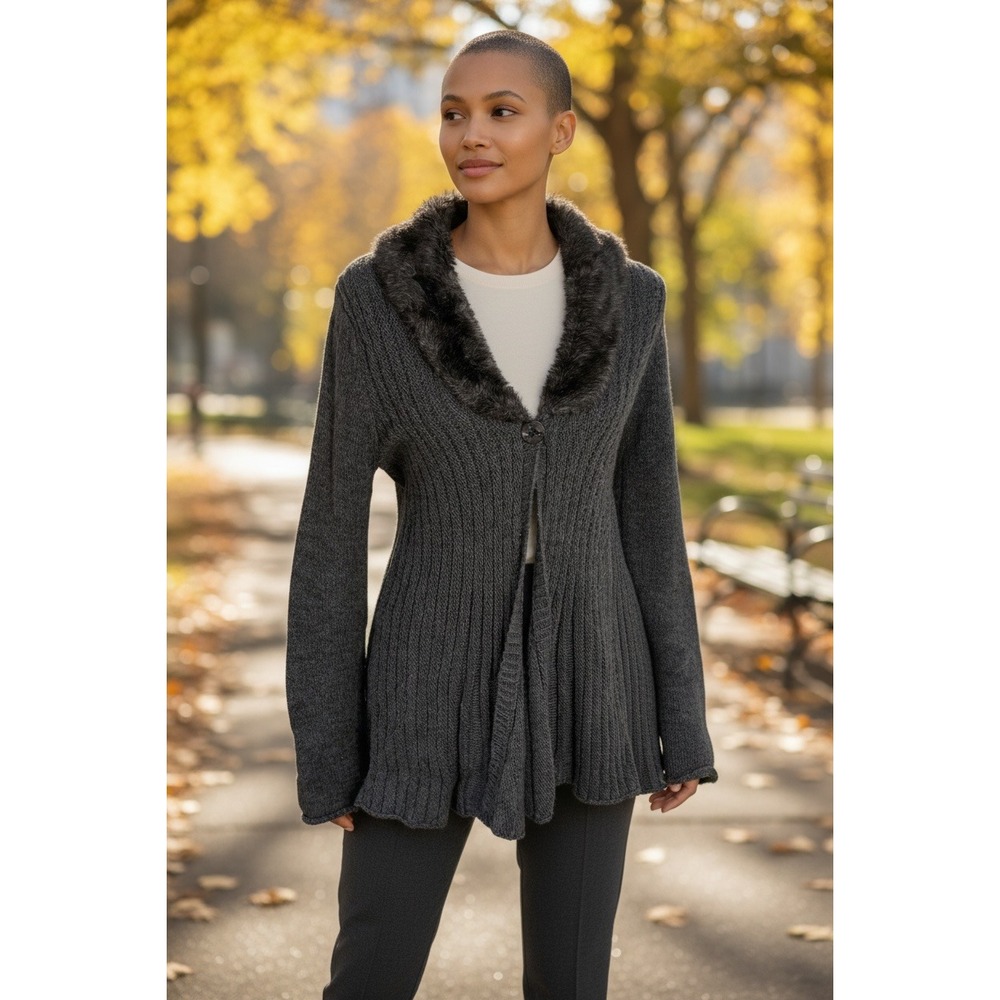 Gray Ribbed Knit Cardigan Sweater with Faux Fur Collar Alpaca Wool Blend